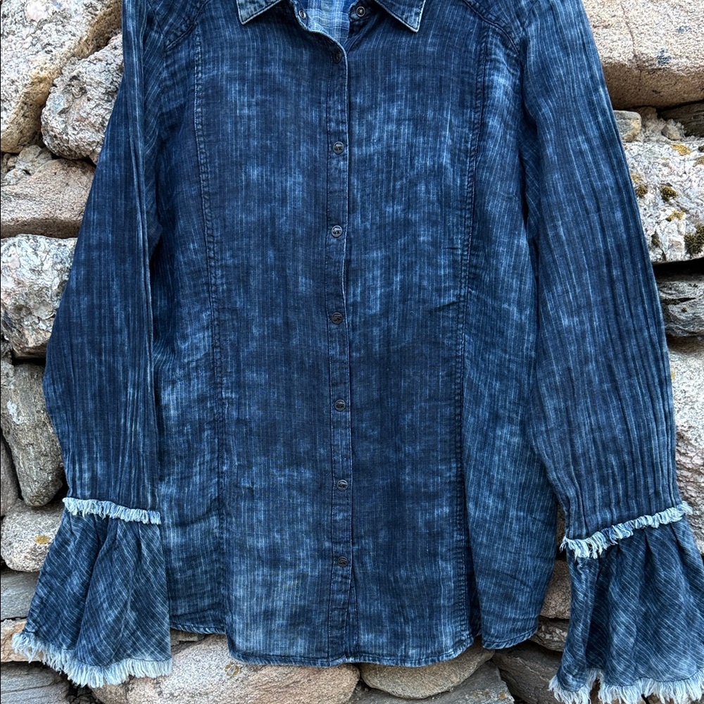 Ryan Michael Indigo Washed Cotton Flounce Sleeve Shirt w/ Buffalo Buttons XXL - Picture 4 of 14